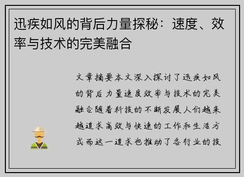 迅疾如风的背后力量探秘：速度、效率与技术的完美融合